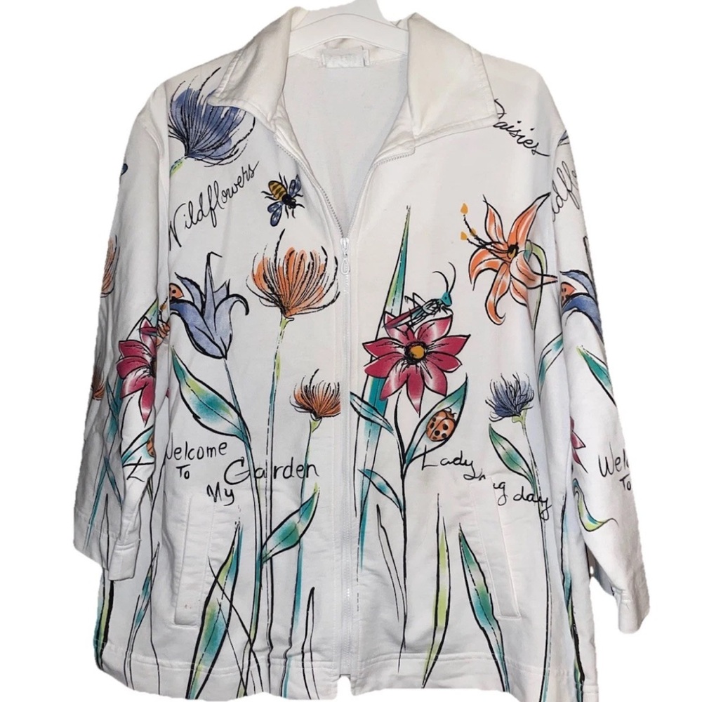Vintage Nikki Womens Welcome to my Garden Zip Collared Jacket 3/4 Sleeve Sz L